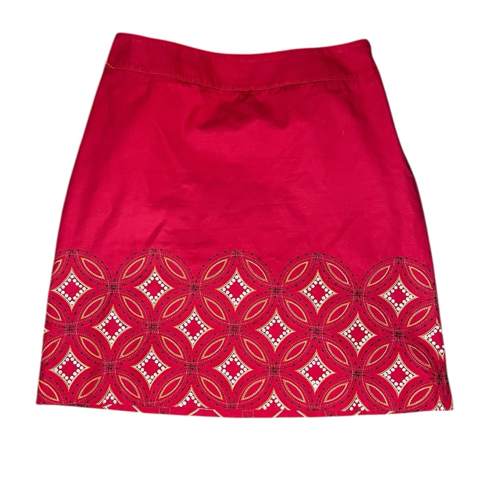 Vintage 90s Talbots A-Line Skirt Embroidered Geometric Hem Knee Length Red 14